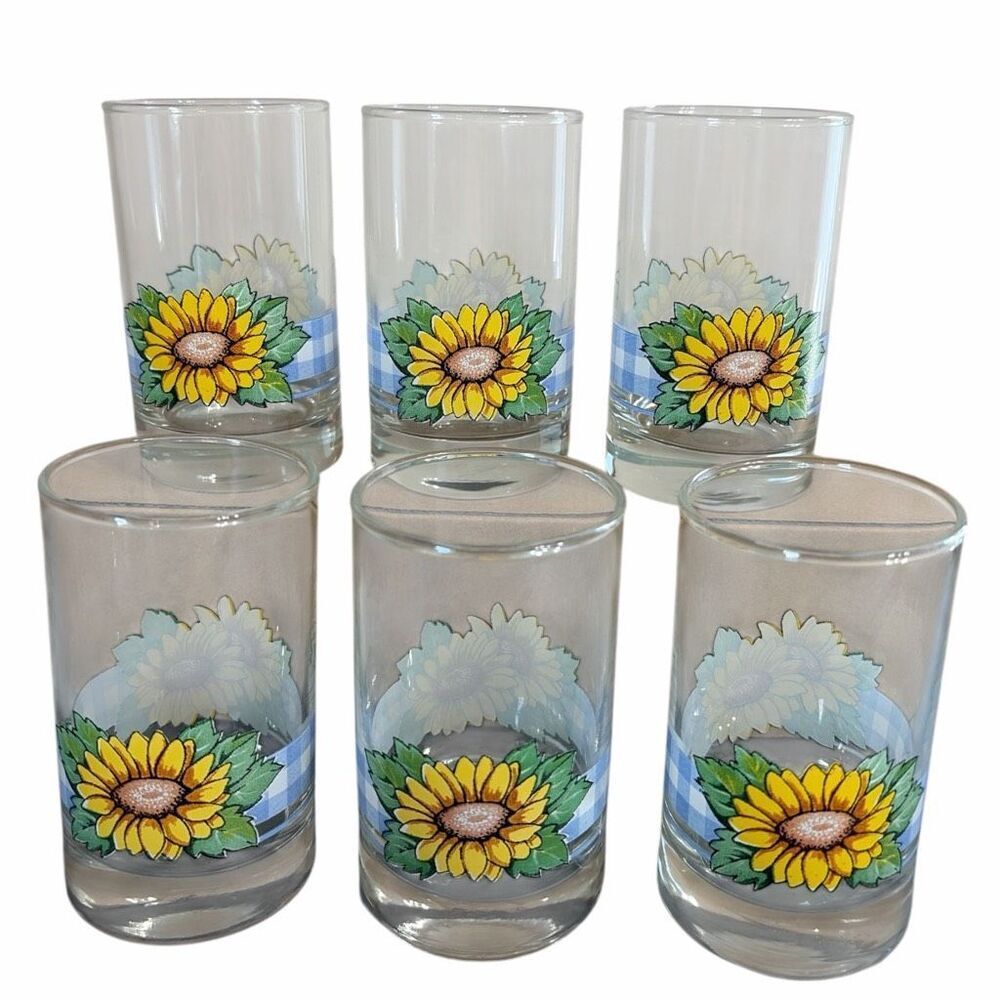 Vintage Crisa Libbey Sunflower Juice Glasses Set of 6 | 7 oz Floral Tumblers | 4 - Picture 2 of 5